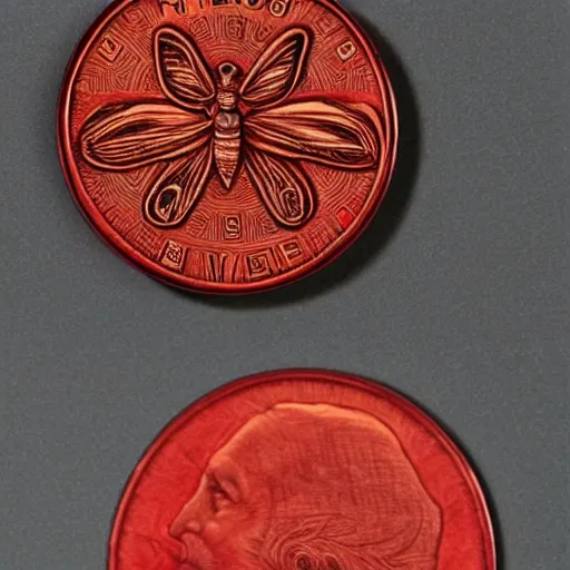 Image similar to red currency depicting a moth, extremely detailed, realistic,