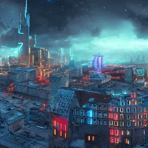 Prompt: panoramic view on the old town of riga in year 2 1 0 0, cyberpunk, futuristic, neon