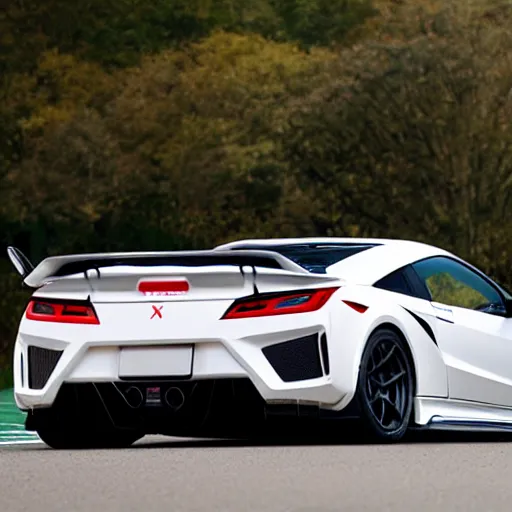 Prompt: nsx type r in white with a large wing on the rear, action photo