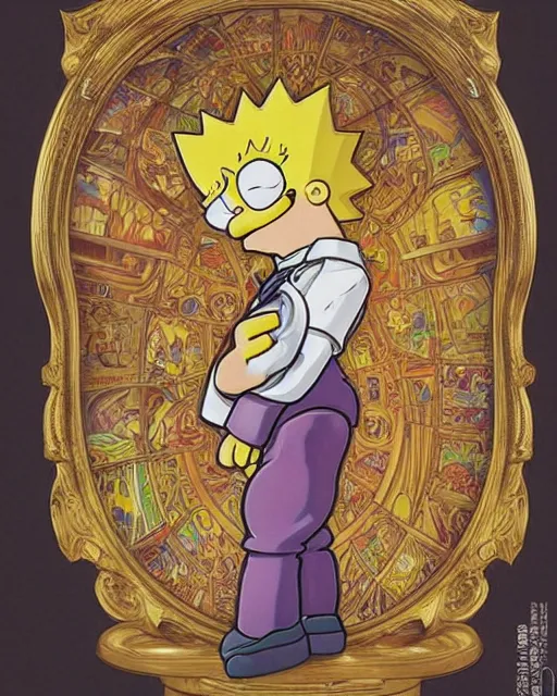 Image similar to if bart simpson was a real boy, beautiful shadowing, 3 d shadowing, reflective surfaces, 8 k, beautifully detailed pencil illustration, intricate, epic composition, masterpiece, bold complimentary colors. stunning masterfully illustrated by artgerm, range murata, alphonse mucha