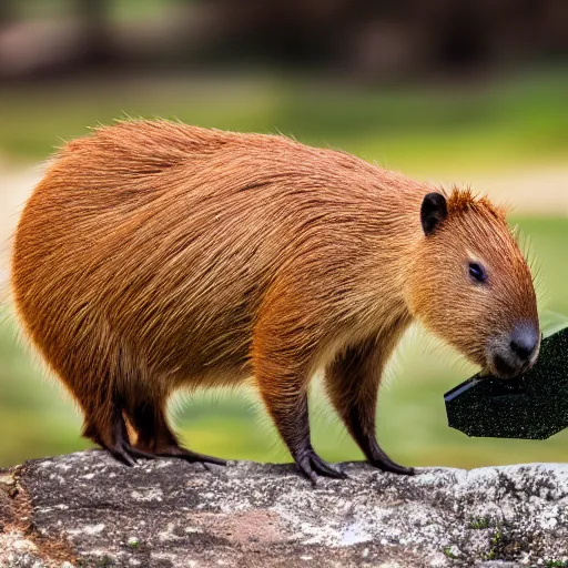 Image similar to cute capybara eating a nvidia gpu, chewing on a graphic card, wildlife photography, bokeh, sharp focus, 3 5 mm, taken by sony a 7 r, 4 k, award winning