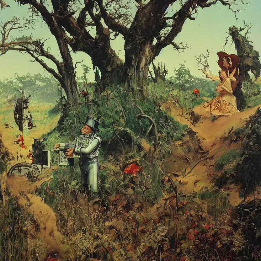 Image similar to a backdrop from the wizard of oz, forest and fields. highly detailed science fiction painting by norman rockwell, frank frazetta, and syd mead. rich colors, high contrast, gloomy atmosphere, dark background. trending on artstation