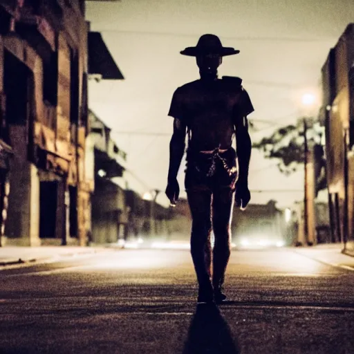 Image similar to empty street, mayan warrior, portrait, at night, by addy campbell, cinematography by quetzalcoatl