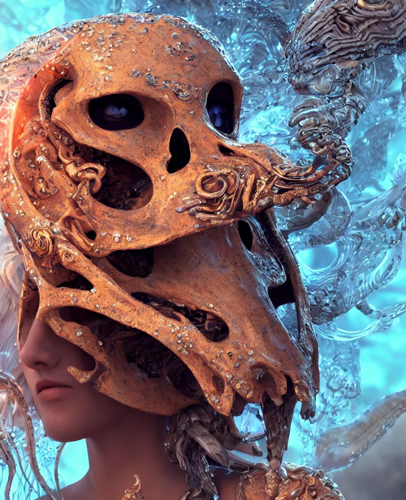 Image similar to close-up macro portrait of the face of a beautiful princess with animal skull mask, epic angle and pose, symmetrical artwork, 3d with depth of field, blurred background, cybernetic jellyfish female face skull phoenix bird, translucent, nautilus, energy flows of water and fire. a highly detailed epic cinematic concept art CG render. made in Maya, Blender and Photoshop, octane render, excellent composition, cinematic dystopian brutalist atmosphere, dynamic dramatic cinematic lighting, aesthetic, very inspirational, arthouse. y Greg Rutkowski, Ilya Kuvshinov, WLOP, Stanley Artgerm Lau, Ruan Jia and Fenghua Zhong