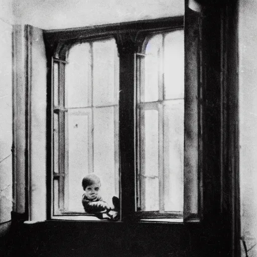 Prompt: creepy child standing behind a window of an old villa. 1 9 2 0 s black and white photo. wide shot. eerie, foggy.