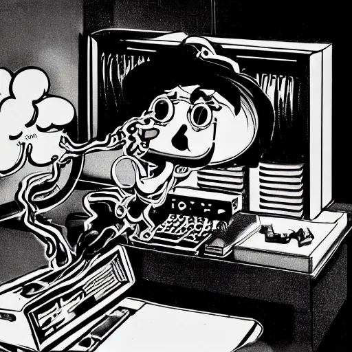 Image similar to a black and white photograph of a man destroying a computer until it sparks, by gary baseman, by robert crumb, by jim henson, photorealistic, surreal, high contrast, film photography