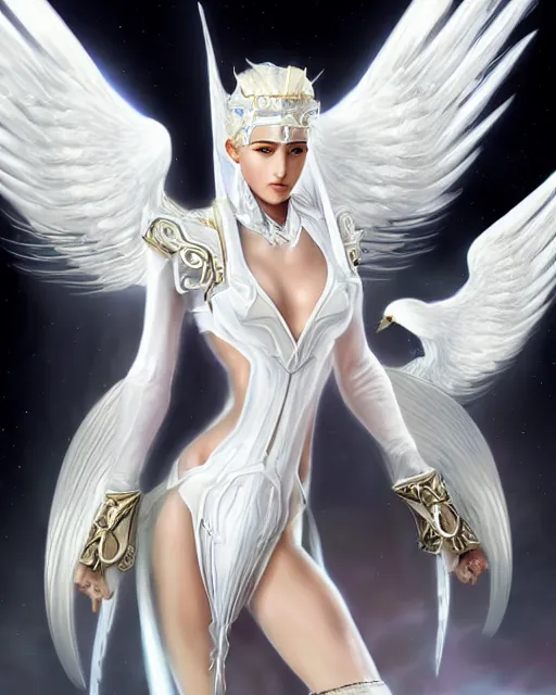 Image similar to perfect white haired egyptian goddess wearing white dove wings, warframe armor, regal, attractive, ornate, sultry, beautiful, dreamy, half asian, pretty face, blue eyes, detailed, scifi platform, 4 k, ultra realistic, epic lighting, android body, illuminated, cinematic, masterpiece, art by akihito tsukushi, voidstar, artgerm