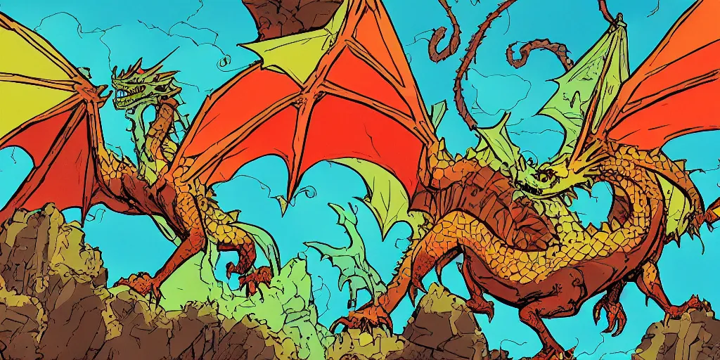 Prompt: colourful - damaged - detailed image of a Mike Mignola style dragon and of a castle