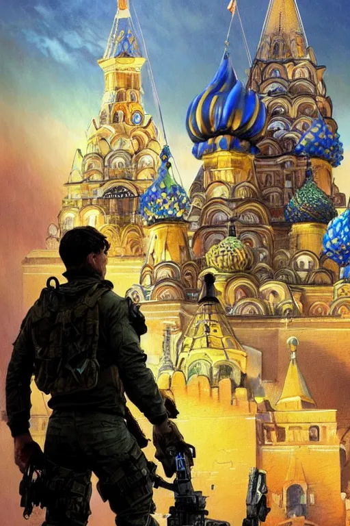 Image similar to special forces soldier installin ukrainian blue and yellow flag on red square kremlin, masculine figure, d & d, fantasy, bright atmosphere, volumetric lights, intricate, elegant, extremely detailed, digital painting, artstation, concept art, matte, smooth, sharp focus, hyper realistic, illustration, art by artgerm and greg rutkowski and alphonse mucha