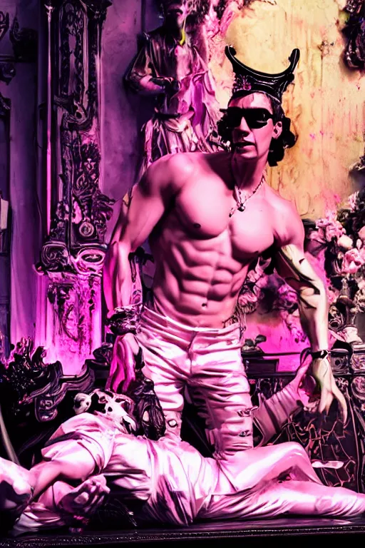 Prompt: full-body rococo and cyberpunk style neon statue of a muscular attractive Marc Anthony wearing cholo shades macho dotado e rico android sim roupa reclining con las piernas abertas e la piroca dura, ethereal white dripping tar, glowing orange lasers, pink tigers, glowing eyes, silver prince crown, black gears, pink diamonds, swirling mint-colored silk fabric. futuristic elements. full-length view. human skulls. large intricate artwork by caravaggio. Trending on artstation, octane render, cinematic lighting from the right, hyper realism, octane render, 8k, depth of field, 3D