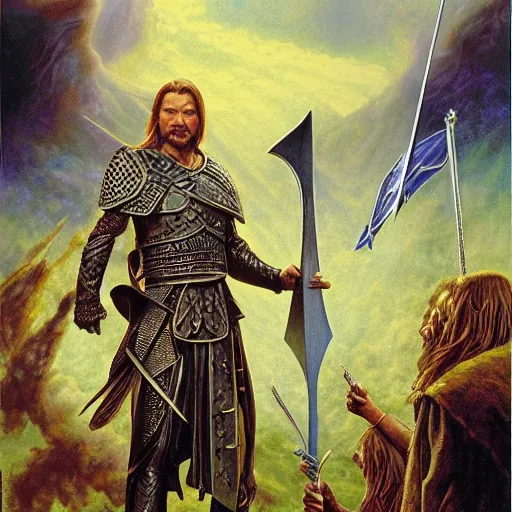 Image similar to noble warrior Boromir with his horn of Gondor by Mark Brooks, Donato Giancola, Victor Nizovtsev, Scarlett Hooft, Graafland, Chris Moore