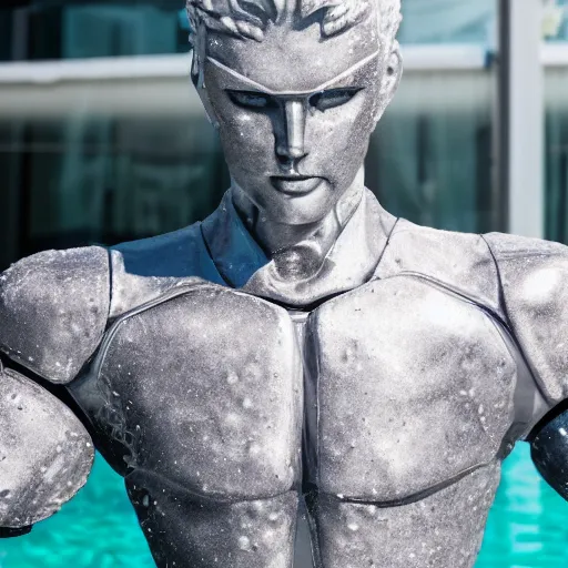 Image similar to made of ice, a realistic detailed photo of a guy who is an attractive humanoid who is half robot and half humanoid, who is a male android, on display, blank stare, showing off his muscles, shiny skin, posing like a statue, by the pool, frozen ice statue, twitch streamer / gamer ludwig, humanoid robot