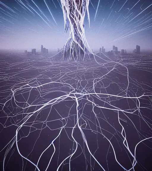 Image similar to surreal neuron city tower, only a flash of light breaking the waves, made of crystalized synapse, aerial iridecent veins, moonbow, in the desert, foggy sky, dark starry night, octane render, unreal engine, pale colors, high detail, 8 k, wide angle, trending on artstation, behance