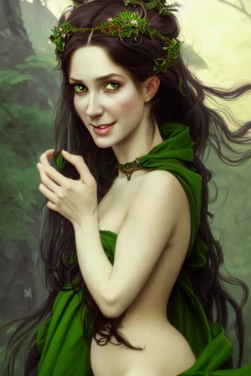 Image similar to Portrait of seductive female druid, D&D, revealing green stylish dress, choker on neck, very long flowing hair, mouth slightly open, cute slightly nerdy smile, fantasy, intricate, elegant, stylish, highly detailed, digital painting, artstation, concept art, smooth, sharp focus, illustration, art by artgerm and greg rutkowski and alphonse mucha