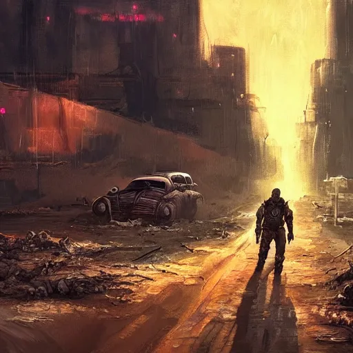 Prompt: post apocalyptic wasteland, mad max, smooth, dreary, oil painting, beautifully detailed, trending on artstation, by alena aenami