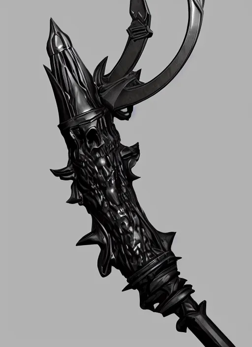 Image similar to a black long sword skull crest, orthographic, ornament, weapon, a 3 d render by dom qwek, front side full, trending on polycount, artstation, hard surface modeling, rendered in maya, zbrush, blender, hd, vray, berserk first person view, symmetry