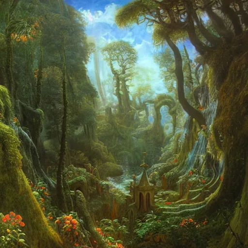 Image similar to a beautiful and highly detailed matte painting of a magical garden of delights in a mystical forest in a dream like valley deep in the magical mountains of avalon, intricate details, epic scale, insanely complex, 8 k, sharp focus, hyperrealism, very realistic, by caspar friedrich, albert bierstadt, james gurney, brian froud,