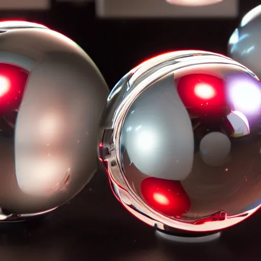 Prompt: chrome spheres on a red cube, panavision c series lens