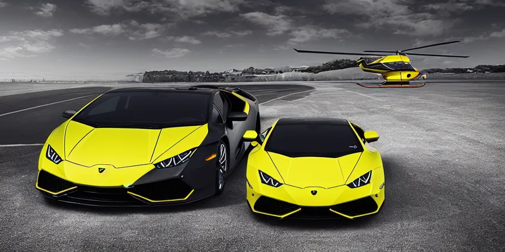 Image similar to a helicopter in a shape of lamborghini huracan car design, vehicle design, high detail, still shot