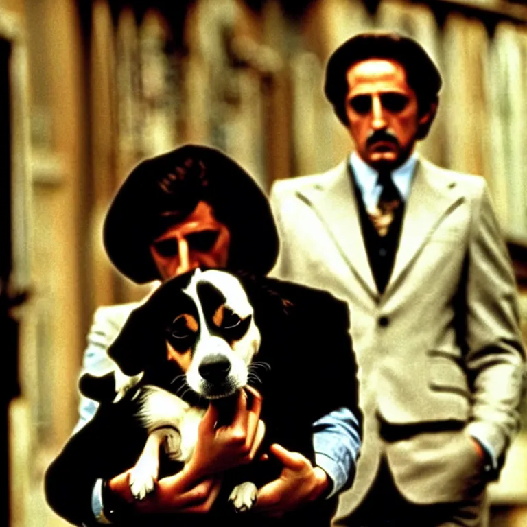 Image similar to man holding a dog photograph, the godfather film screencap, 1 9 7 2