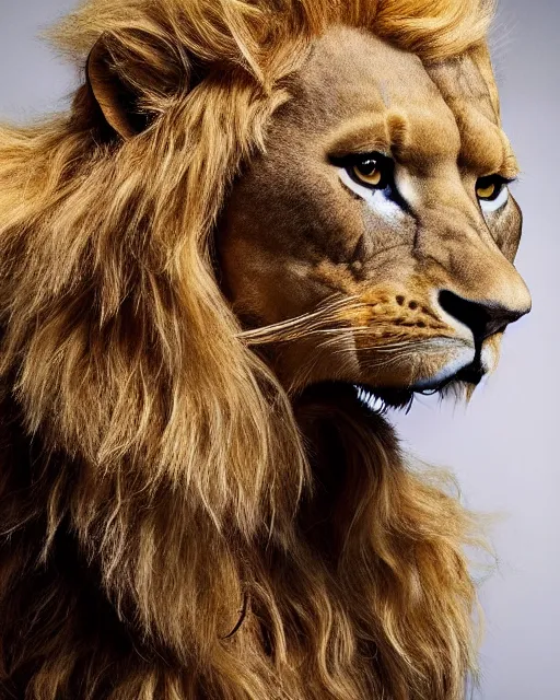 Prompt: annie leibovitz striking headshot of brie larson in rick baker makeup as an anthropomorphic beautiful lioness : hyperreal