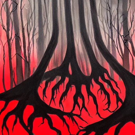 Image similar to a creature of your nightmares in a dark and twisted forest, horrifying, black and red colours, wispy fog, tall and ominous trees, accented paint strokes, detailed