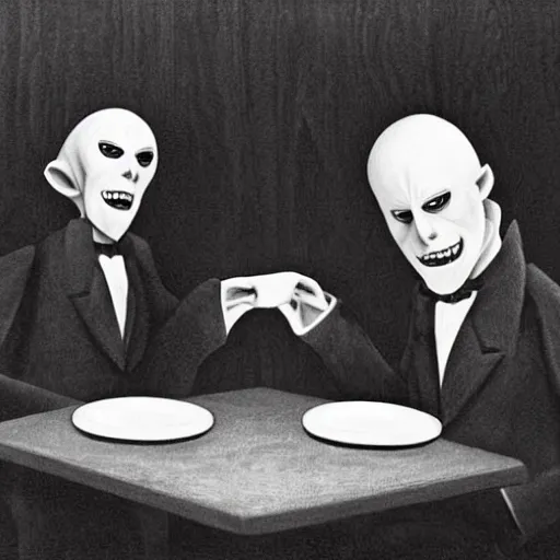 Image similar to Nosferatu and Elvis sitting down at a restaurant, Chris Van Allsburg