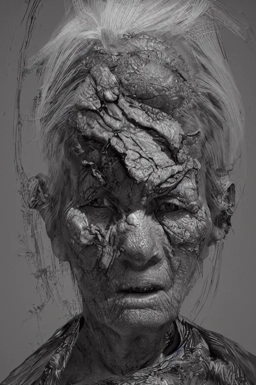 Image similar to portrait of a old woman with cracked reaction diffusion skin. high detail, by Eddie Mendoza