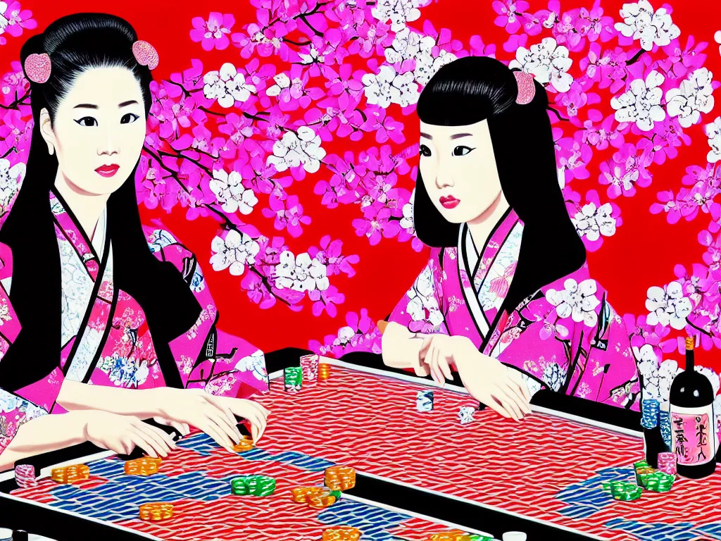 Prompt: hyperrealism composition of the detailed single woman in a japanese kimono sitting at an extremely detailed poker table with barbie, fireworks and sakura tree on the background, pop - art style, jacky tsai style, andy warhol style, acrylic on canvas