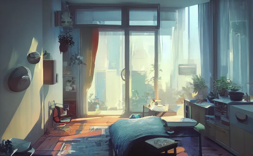Image similar to a stylish bedroom interior, futuristic plastic capsule apartment, small kitchen, reflective floor, potted plant, painting by Craig Mullins, octane rendering, soft morning lighting, wide angle lens, in the style of Hayao Miyazaki, trending on artstation,