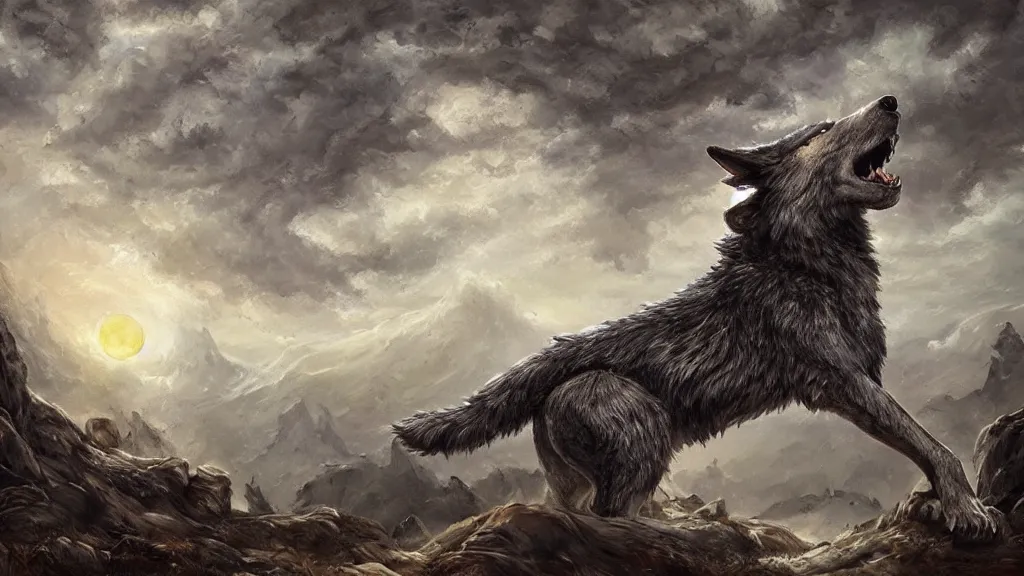 Prompt: a giant wolf howling in front of a tree, highly detailed oil painting, epic fantasy art, abstraction, masterpeice, 8k