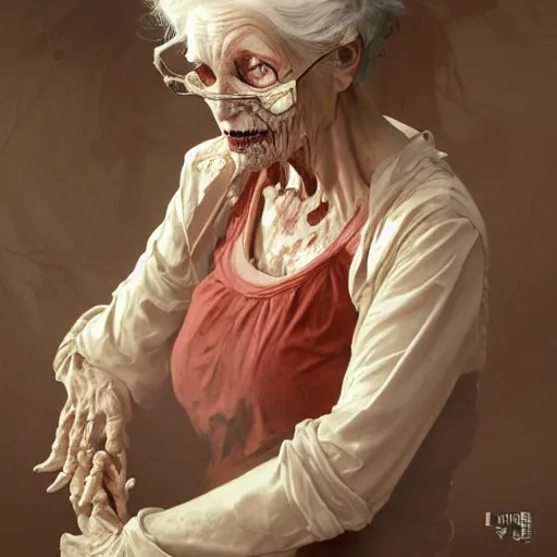 Image similar to elderly zombie woman, intricate, art by artgerm and greg rutkowski and alphonse mucha and william - adolphe bouguereau, high detailed, 4 k,