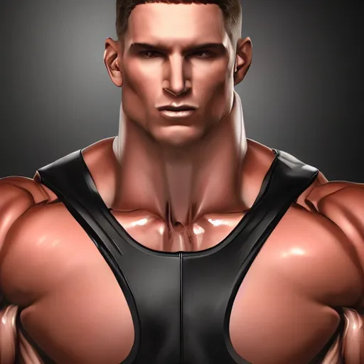 Image similar to a realistic detailed photo of a bodybuilder who is also a male android, Chris Redfield, shiny skin, posing robotically. blank stare