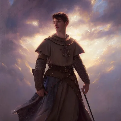 Prompt: an oil painting of a portrait of a super handsome medieval european young prince, broadly king arthur, magical, fairy tale, dreamy light, by wlop, greg rutkowski, thomas kinkade, super detailed, 3 d, hdr on, 4 k wallpaper