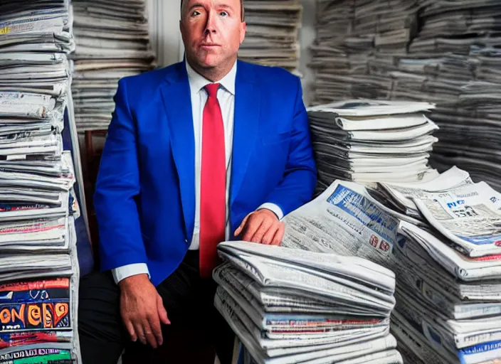 Image similar to dslr photo still of alex jones in a blue suit sitting depressed in a room filled to the ceiling with newspapers, 5 2 mm f 5. 6