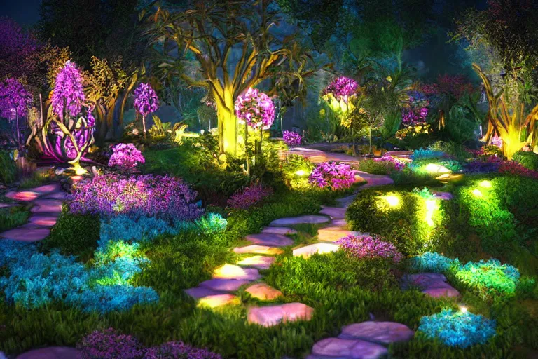 Prompt: a magical fantasy garden. cinematic lighting. photorealism.