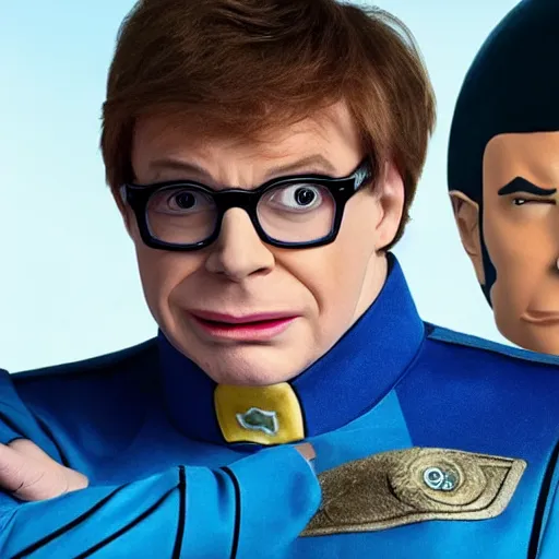 Image similar to austin powers as captain of the orville on the the bridge of the orville