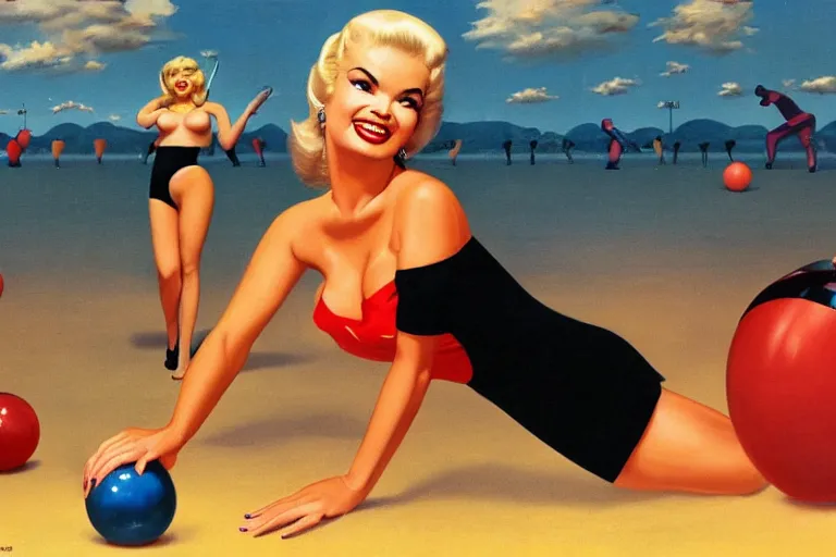 Prompt: jayne mansfield in a bowling alley with a perspective view of bowling pins at the end of the lane, jayne mansfield about to roll a large red bowling ball down a bowling land towards bowling pins, jayne mansfield holding a large red bowling ball with both hands in a provocative pose, by mort kunstler and gil elvgren