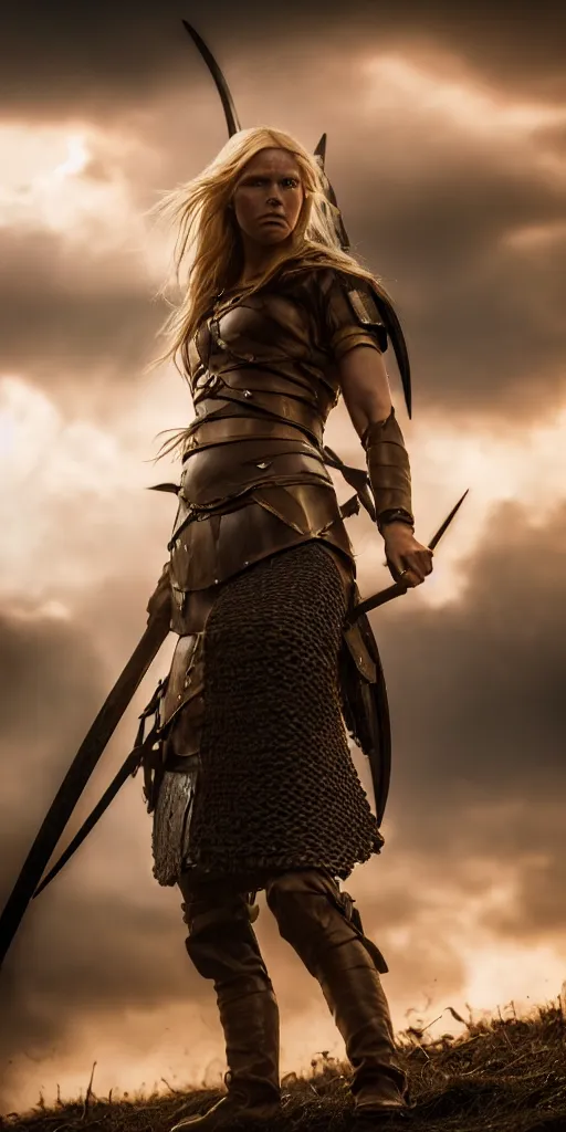 Image similar to a photograph of viking shield maiden in the battlefield, action movie, movie still, cinematic, filmic, dramatic, volumetric light