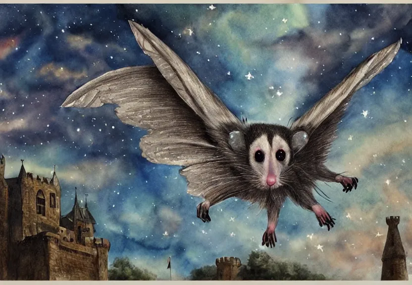 Image similar to gorgeous winged possum flying over a medieval castle under a dark starred sky, dark fantasy, watercolor, dreaming illusion, highly detailed, 4k, trending on Artstation, award-winning