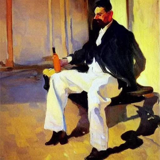 Prompt: sorolla's painting of the chemist at a bench