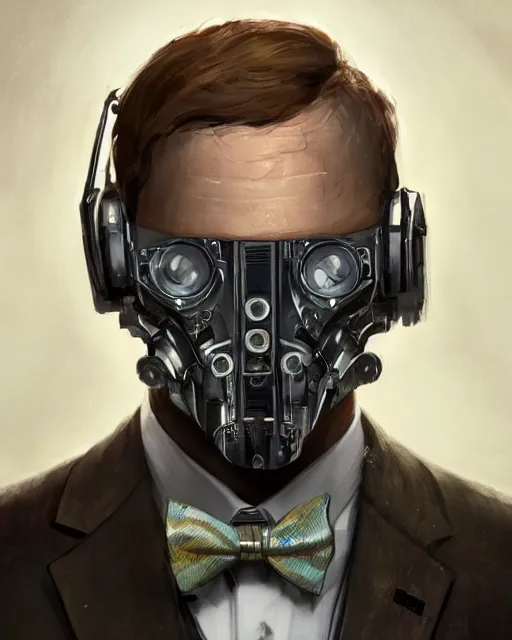 Image similar to a rugged young engineer man with cybernetic enhancements wearing a suit and bowtie, detailed face with mask, scifi character portrait by greg rutkowski, esuthio, craig mullins, 1 / 4 headshot, cinematic lighting, dystopian scifi gear, gloomy, profile picture, mechanical, half robot, implants, steampunk