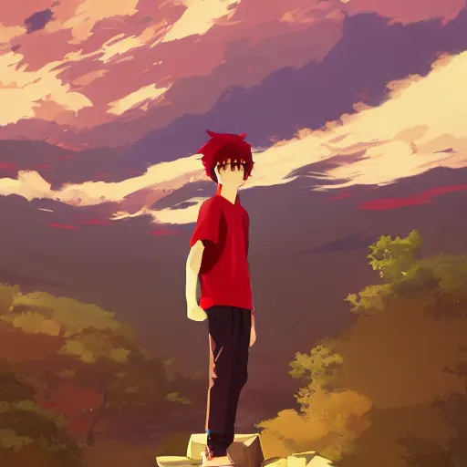 Prompt: red haired teen boy, standing a ledge, konohagakure in the background, digital painting, artstation, highly detailed, by makoto shinkai and thomas kindle and James gilleard