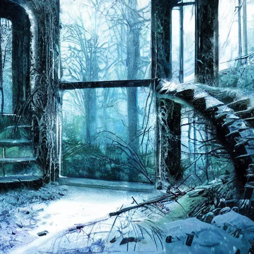 Image similar to stairs leading to a frozen derelict portal in a middle of a snowy lush futuristic forest, green lush world seen only through a portal, daylight, cinematic lighting, blue sky, syd mead, john harris