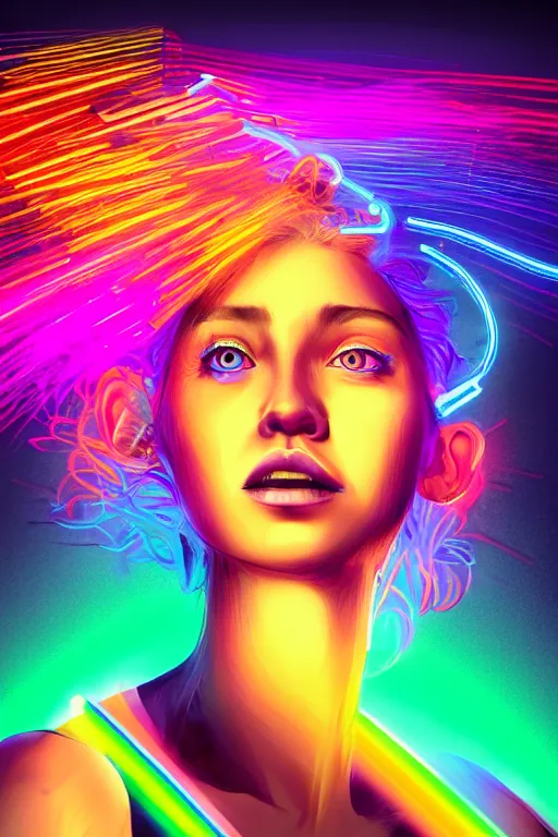 Image similar to a award winning half body portrait of a beautiful woman with stunning eyes in a croptop and cargo pants with rainbow colored ombre hairstyle head in motion and hair flying by thomas danthony, outlined by whirling illuminated neon lines, outrun, vaporware, shaded flat illustration, digital art, trending on artstation, highly detailed, fine detail, intricate