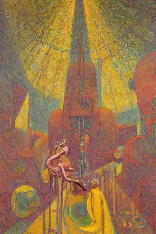 Image similar to realistic portrait of an engineer woman fixing the samsara holy cluster, fine portrait, concept art, stunning, visionary, dimmed palette, by brecht evens, by jean delville, by francis bacon