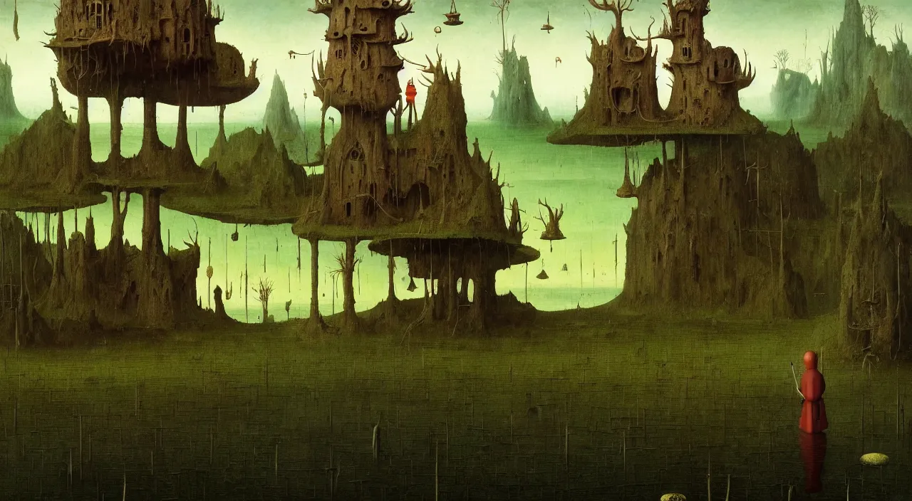 Image similar to single flooded simple!! fungus tower, very coherent and colorful high contrast ultradetailed photorealistic masterpiece by franz sedlacek hieronymus bosch dean ellis simon stalenhag rene magritte gediminas pranckevicius, dark shadows, sunny day, hard lighting