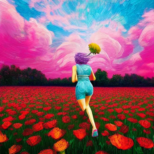 Image similar to giant rose flower head, full body girl running through a flower field, surreal photography, sunrise, dramatic light, impressionist painting, colorful clouds, digital painting, artstation, simon stalenhag