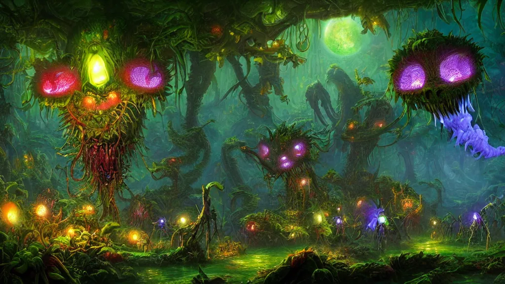 Prompt: glowing alien flowers with large teeth and fangs eat humans and grow out of the dark in a verdant jungle, bioluminescent monsters grin in the background by thomas kinkade and alejandro burdisio.