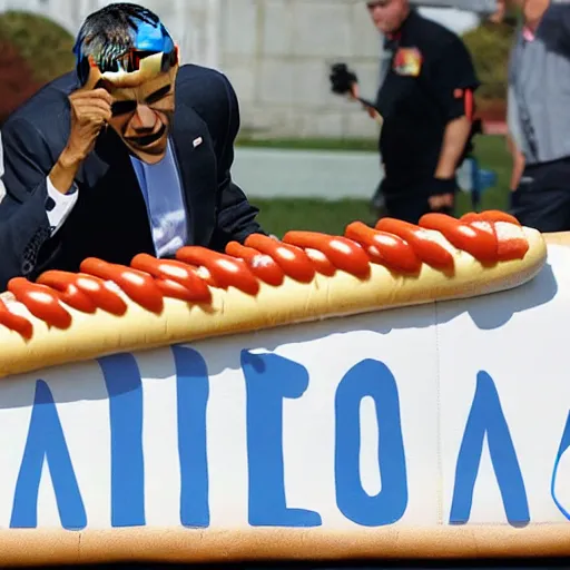 Image similar to barack obama eating a 1 0 0 foot hotdog